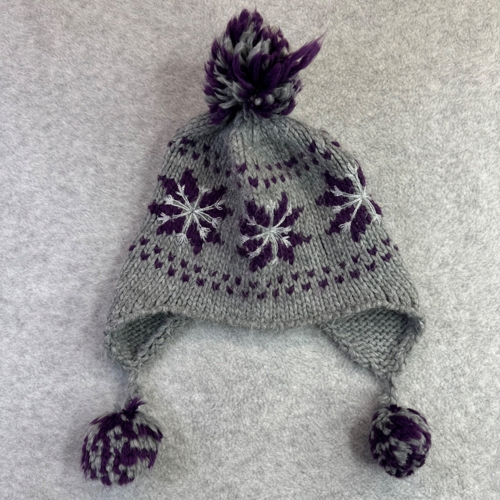 Joe Fresh Kids Knit Trapper Hat Grey‎ Purple Snowflake Pom Pom Ear Flap L XL